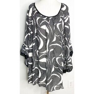 NWT Ashley Stewart  Black White  Polka Dot Swirl Blouse Ruffle Sleeve Size 26/28